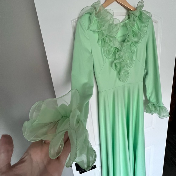 Vintage mint green dramatic chiffon ruffle maxi dress evening cocktail - Picture 2 of 8